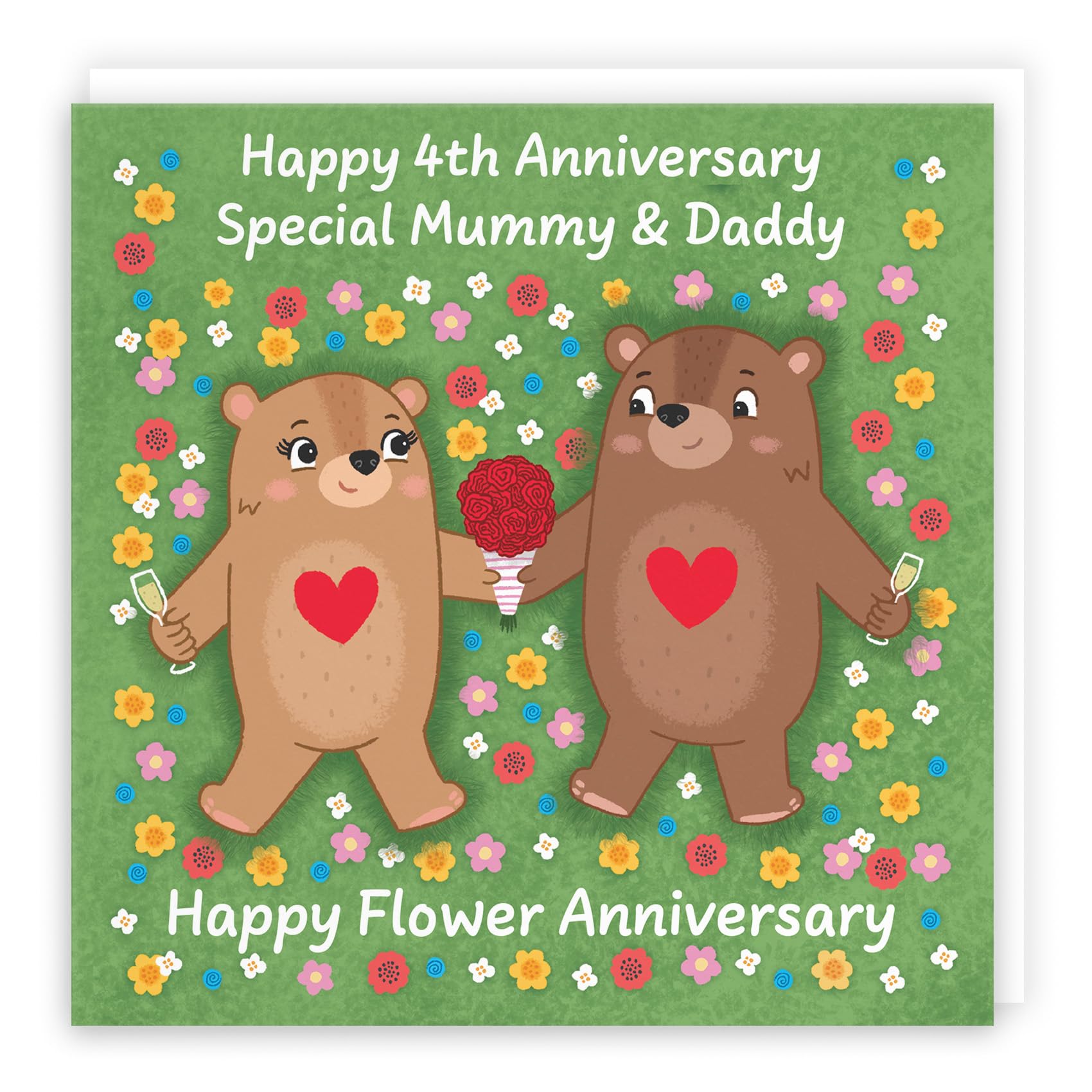 Hunts England - Mummy And Daddy 4th Anniversary Card - Flower Anniversary - Fourth Anniversary - 4 Years - Cute Fun Bears Card - Love Story Collection
