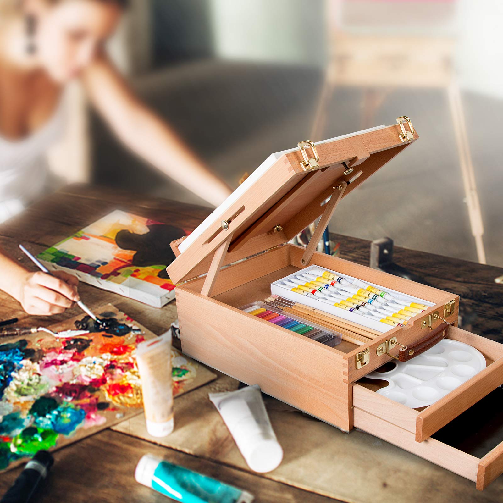 Kuyal Art Supplies Box Easel Sketchbox Painting Storage Box-Adjustable Design with Large 2-Drawer
