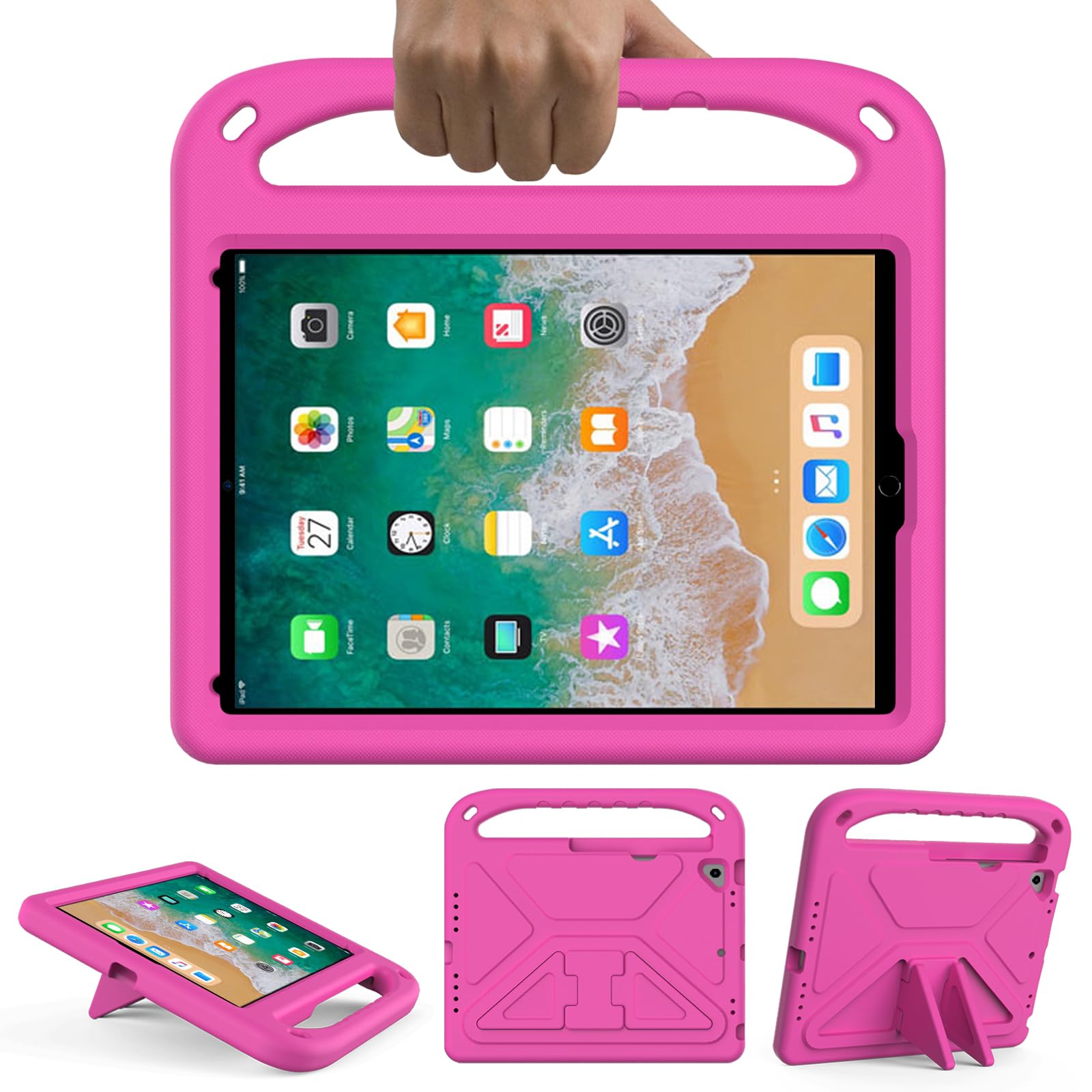 GOZOPO Kids case for iPad 9.7 Inch 2018/2017 (6th/5th Generation) -Shockproof Rugged & Light Weight with Handle Stand and Pencil Holder Case Cover for iPad 9.7 / Air 1/Air 2 /Pro 9.7 (Pink)
