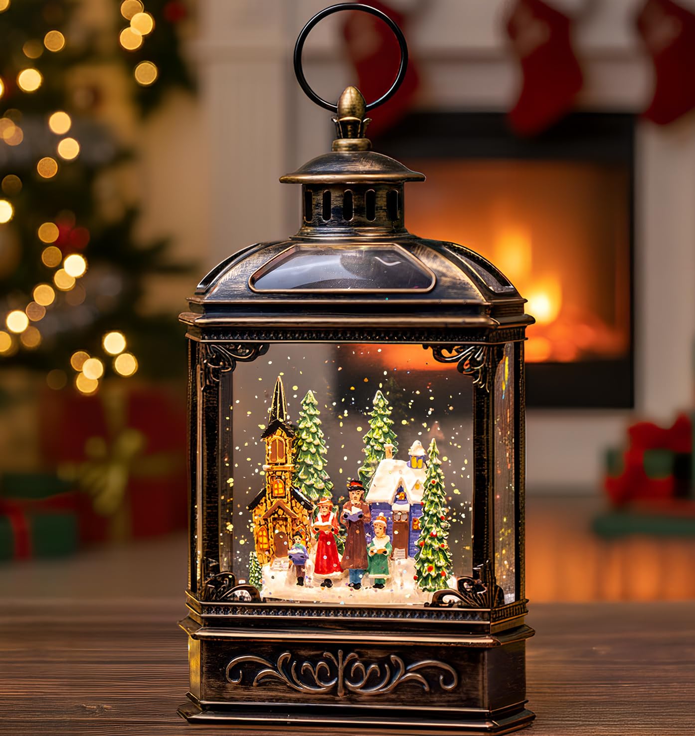 VISFLAIR Musical Snow Globe Lantern Lighted Church Carolers Christmas Village Snow Water Lantern Swirling Glittering Home Decoration and Gift, Battery Operated or USB Powered Image