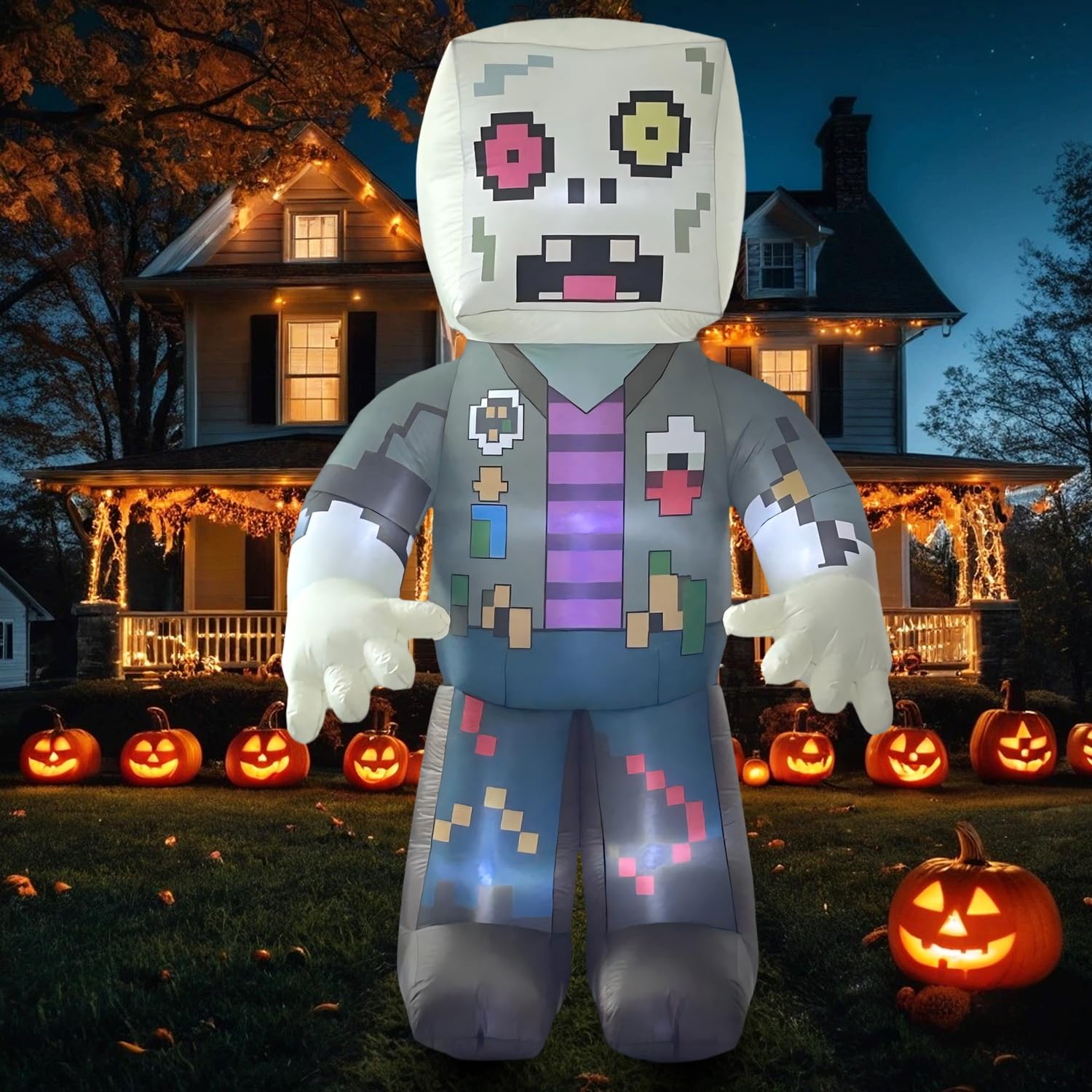 Photo 1 of 8FT Pixel Zombie Halloween Inflatable Decorations,Blow Up Skeleton Ghost Decoration with Build-in LED Lights for Indoor Outdoor Garden Lawn Halloween Party