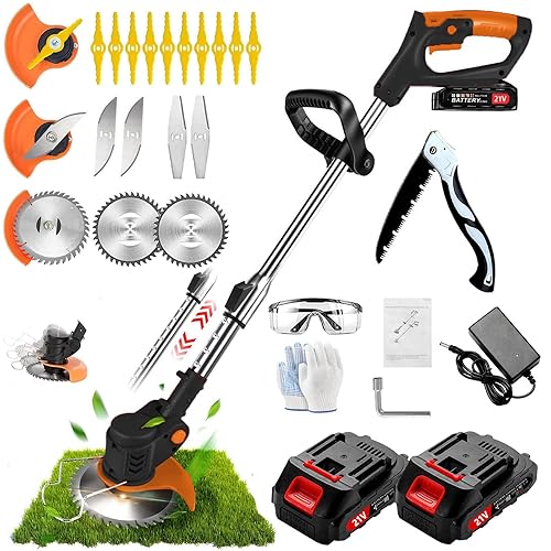 Cordless Strimmer, Garden Strimmer With Metal Blades, Strimmer Cordless With 2 Batteries And UK Charger, Grass Trimmer Length Adjustable, Suitable for Home Gardens, Lawns, Bushes