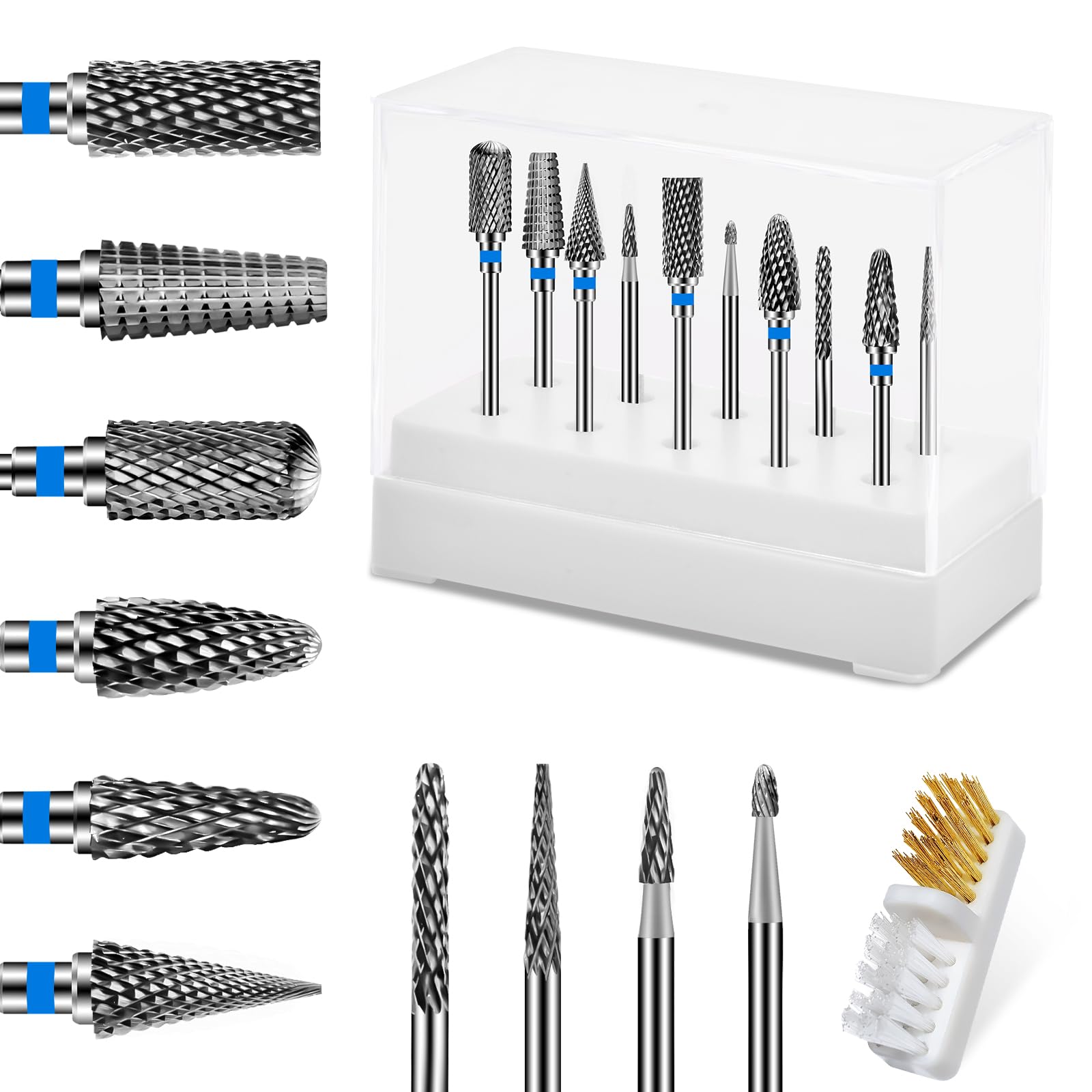 View 1 of **PARTIAL SET/ MISSING 2 DRILL BITS** 628362Diesisa 10PCS Nail Drill Bits Set - Tungsten Carbide Nail Bits for Acrylic Nails - 3/32" Shank Drill Bits Professional Electric Nail Bits For Nail Drill - Removal Bit Nail Drill for Home Salon-Blue