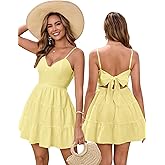 HTZMO Women Casual Summer Floral Mini Sundress V Neck Bow Tie Backless Flowy Cute Graduation Boho Beach Short Dress