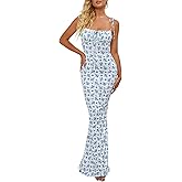 KUTUMAI Women's Summer Floral Bodycon Maxi Dress Spaghetti Strap Sleeveless Boho Long Dresses