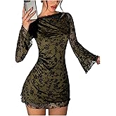 SOLY HUX Women's Floral Sexy Mesh Mini Dress Bell Long Sleeve Bodycon Going Out Dresses