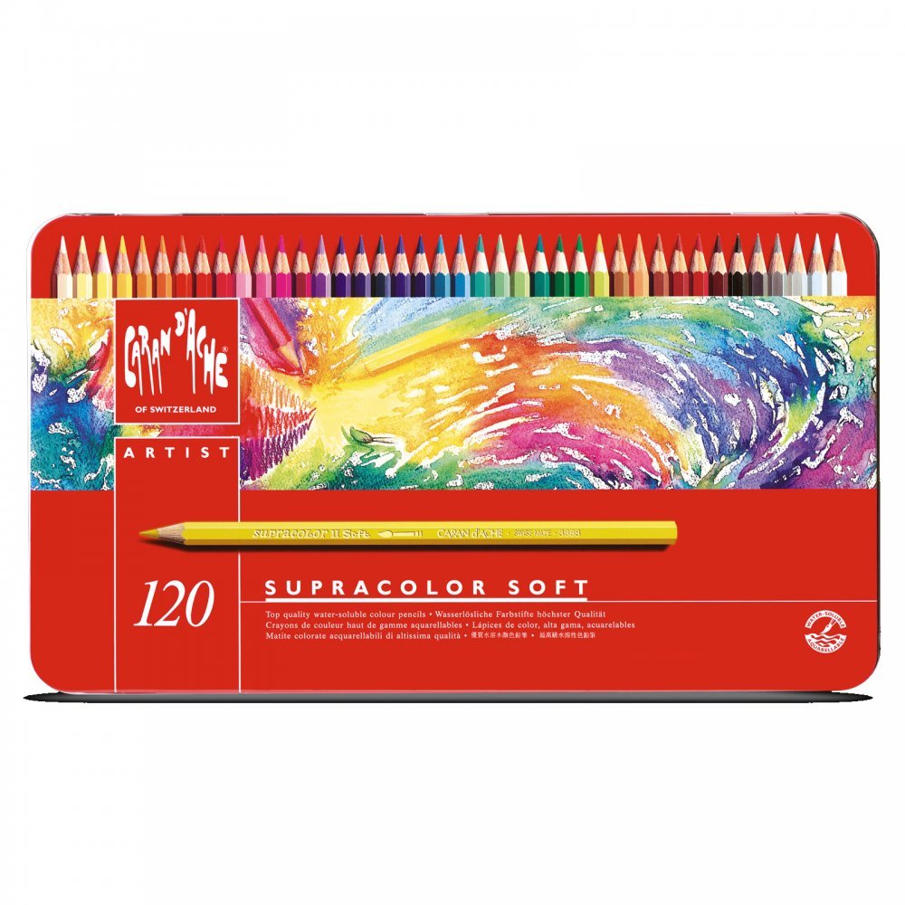 Caran d'Ache Supracolour Soft Aquarelle Pencils, Multicoloured, Tin of 120, For Adults, Home Art, Soft Lead, Watersoluble, Amateur Professional Artists, Illustrators, Graphic Designers, Teachers