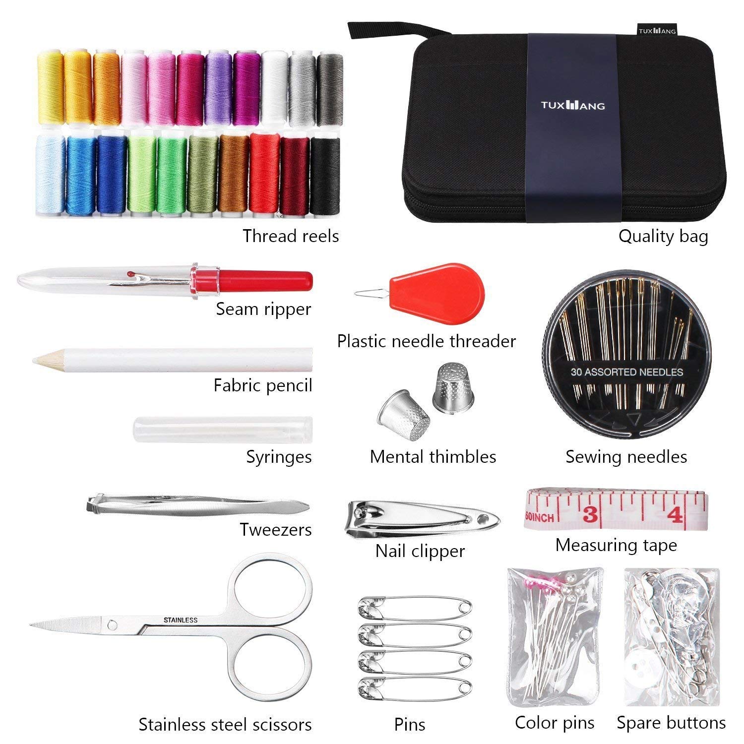 Sewing Kit, TUXWANG 90 Sewing Supplies with Mending and Sewing Needles, Scissors, Thimble, Threads,Tape Measure and More, Perfect for Home, DIY, Beginners, Emergency, Travel