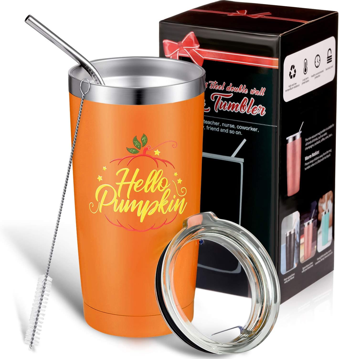 Hello Pumpkin Mug Travel Tumbler, Novelty Pumpkin Mug for Halloween Thanksgiving Harvest Festival, Cute Autumn Kitchen Decor, 20 oz Vacuum Insulated Mug Tumbler with Straw Lid and Brush