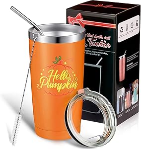Hello Pumpkin Mug Travel Tumbler, Novelty Pumpkin Mug for Halloween Thanksgiving Harvest Festival, Cute Autumn Kitchen Decor, 20 oz Vacuum Insulated Mug Tumbler with Straw Lid and Brush