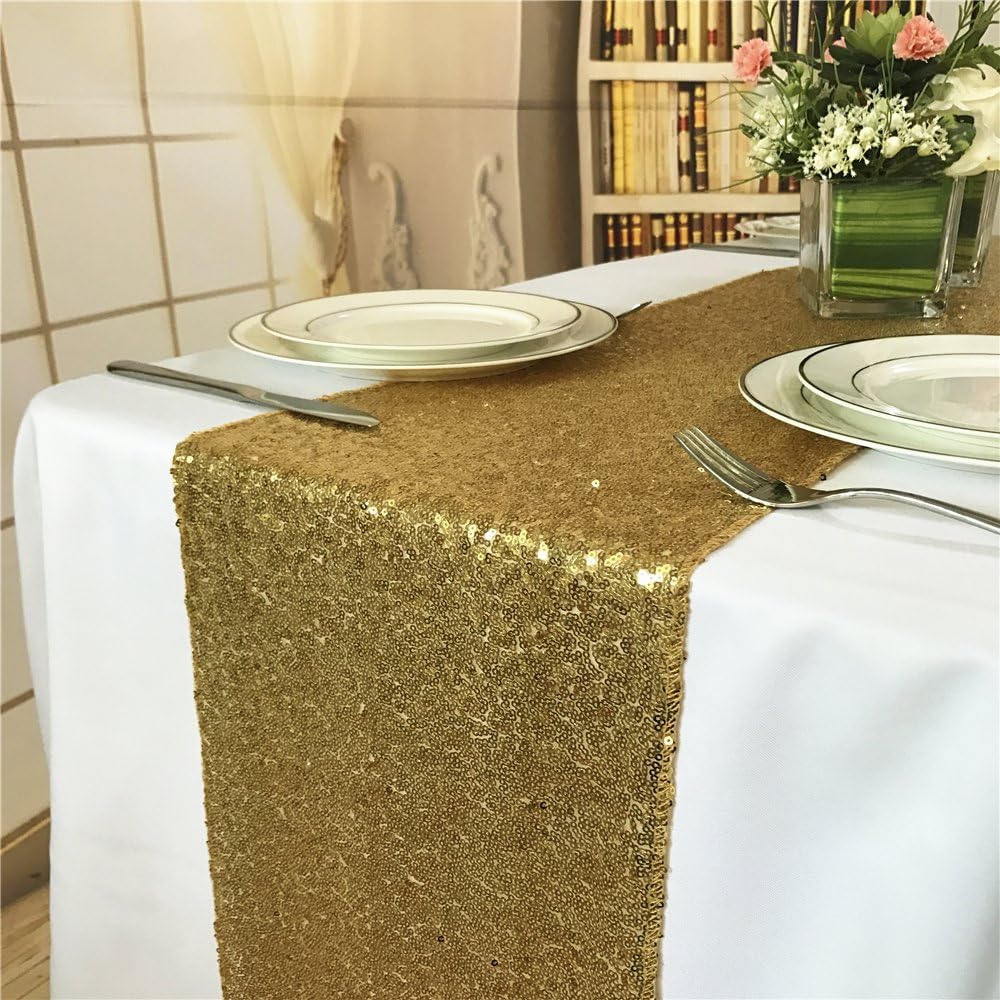 TRLYC 12 by 108-Inch Elegant Rectangle Gold Sequin Wedding Table Runner Gold Glitz Table Linens: Home & Kitchen