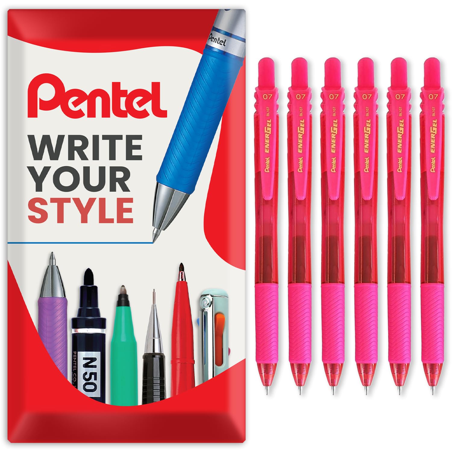Pentel Energel X BL107 Retractable Gel Rollerball Pens - 0.7mm Nib - Pack of 6 in Envelope Gift Packaging (Pink)