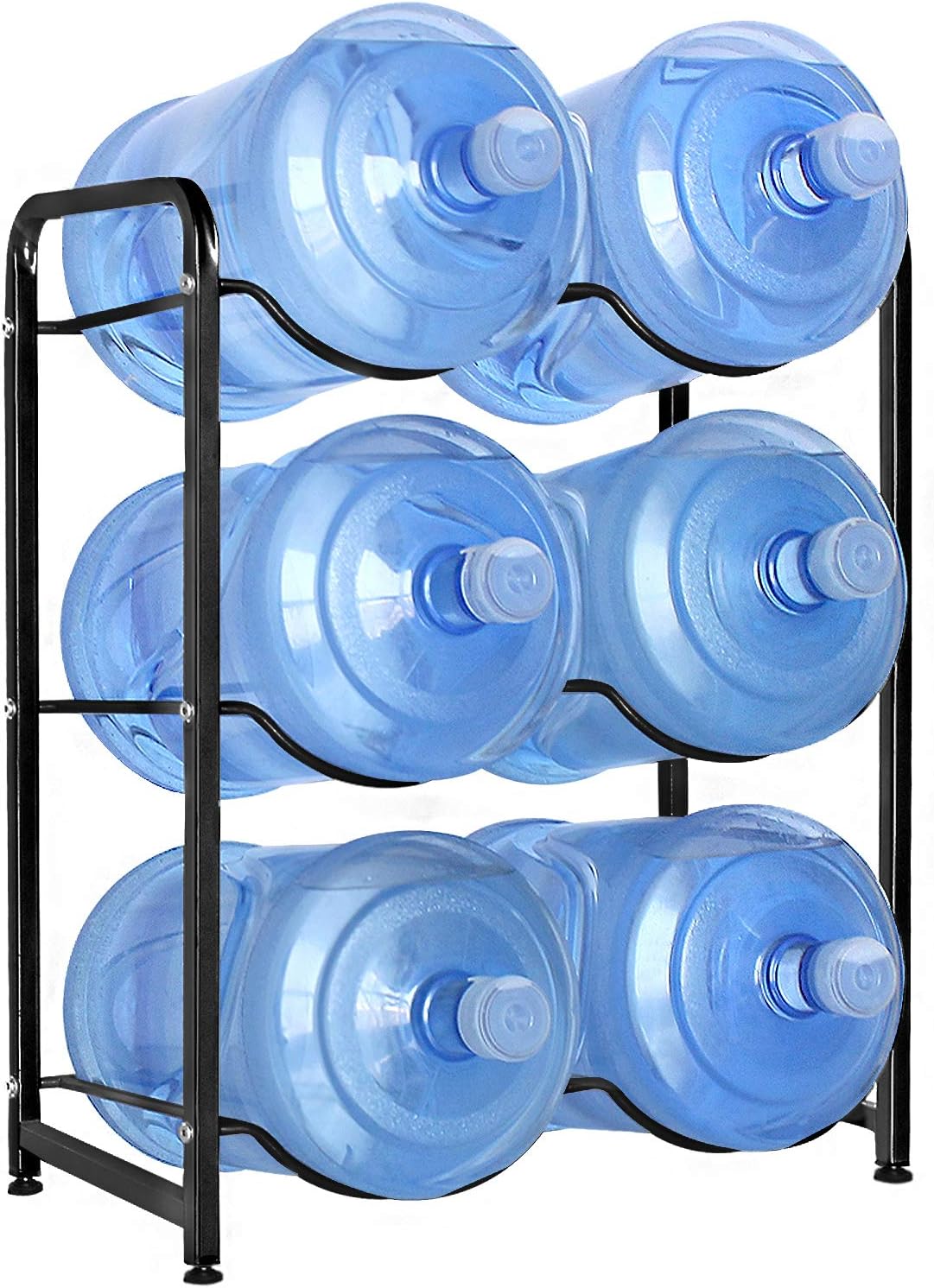 UMORNING 5 Gallon Water Bottle Holder, 3-Tier Water Cooler Jug Rack for 6 Bottles Heavy Duty Detachable Kitchen Organization and Storage Shelf, Black
