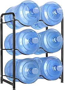 UMORNING 5 Gallon Water Bottle Holder, 3-Tier Water Cooler Jug Rack for 6 Bottles Heavy Duty Detachable Kitchen Organization and Storage Shelf, Black