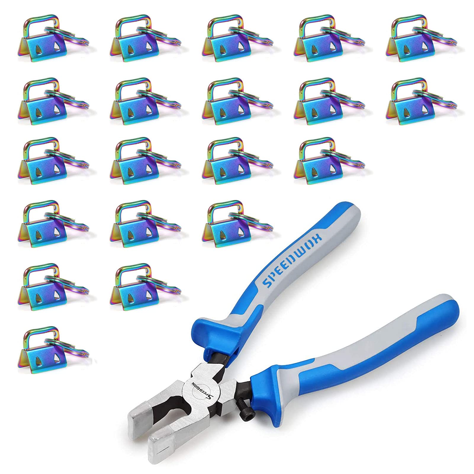 SPEEDWOX 20Pcs 0.8" Rainbow Key Fob Hardware with Key Fob Pliers Set, 8" Glass Running Pliers with Rubber Tips, Curved Jaws, Hardware with Key Ring for Wristlet Keychain Hardware Install