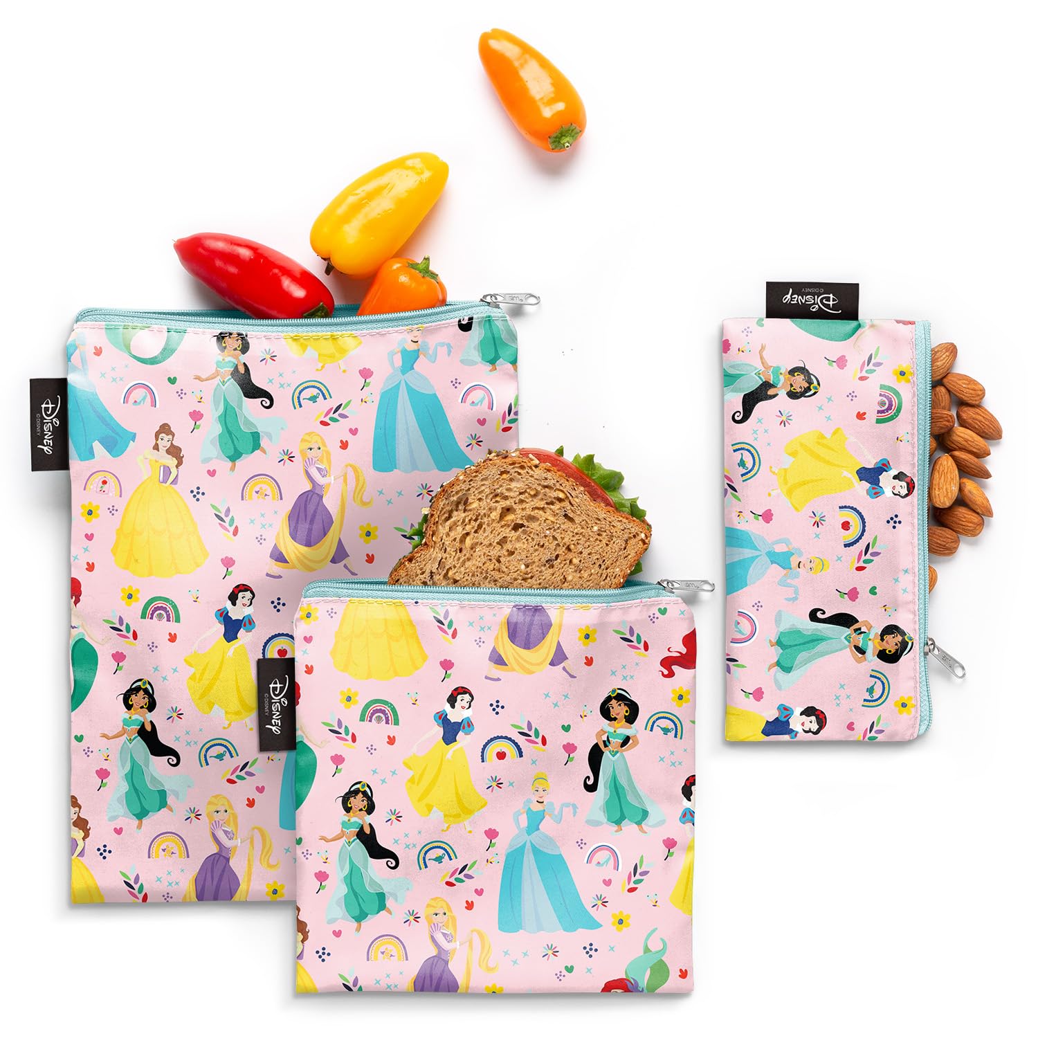 Photo 1 of Simple Modern Disney Reusable Snack Bags for Kids | Food Safe, BPA Free, Phthalate Free, Polyester Zip Pouches | Washable & Refillable Sandwich Bag | Ellie Collection | 3 pack | Princess Rainbow