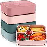 Jingmore 4 Pack Silicone Bento Boxes for Adults, 5 Compartment Reusable Lunch Containers with Sauce Section, Leakproof Meal Prep Snack Box Microwave & Dishwasher Safe for Office(Pink Green Color)