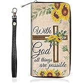 BWOOLL Christian Cross Quote Bible Verse Matthew 19:26 Print Wallet for Women Large Capacity Wallet Credit Card Holder PU Leather Zipper Clutch Purse Phone Wallet