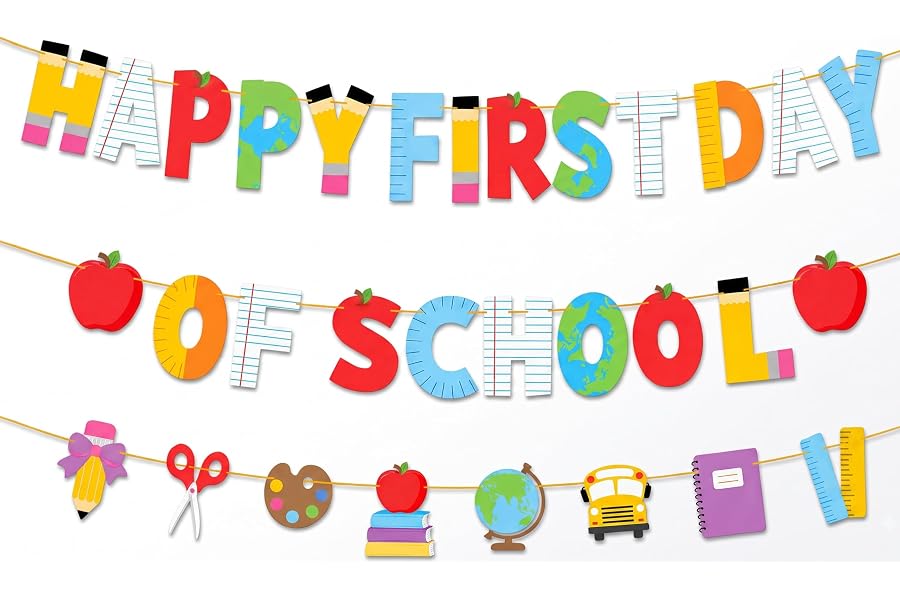 BEAWART First Day of School Banner, Colorful Pre-Strung Classroom Decor | Back To School Decorations, Hanging Party Supplies Backdrop for Indoor Outdoor, Welcome 1st Grade Kindergarten PreK