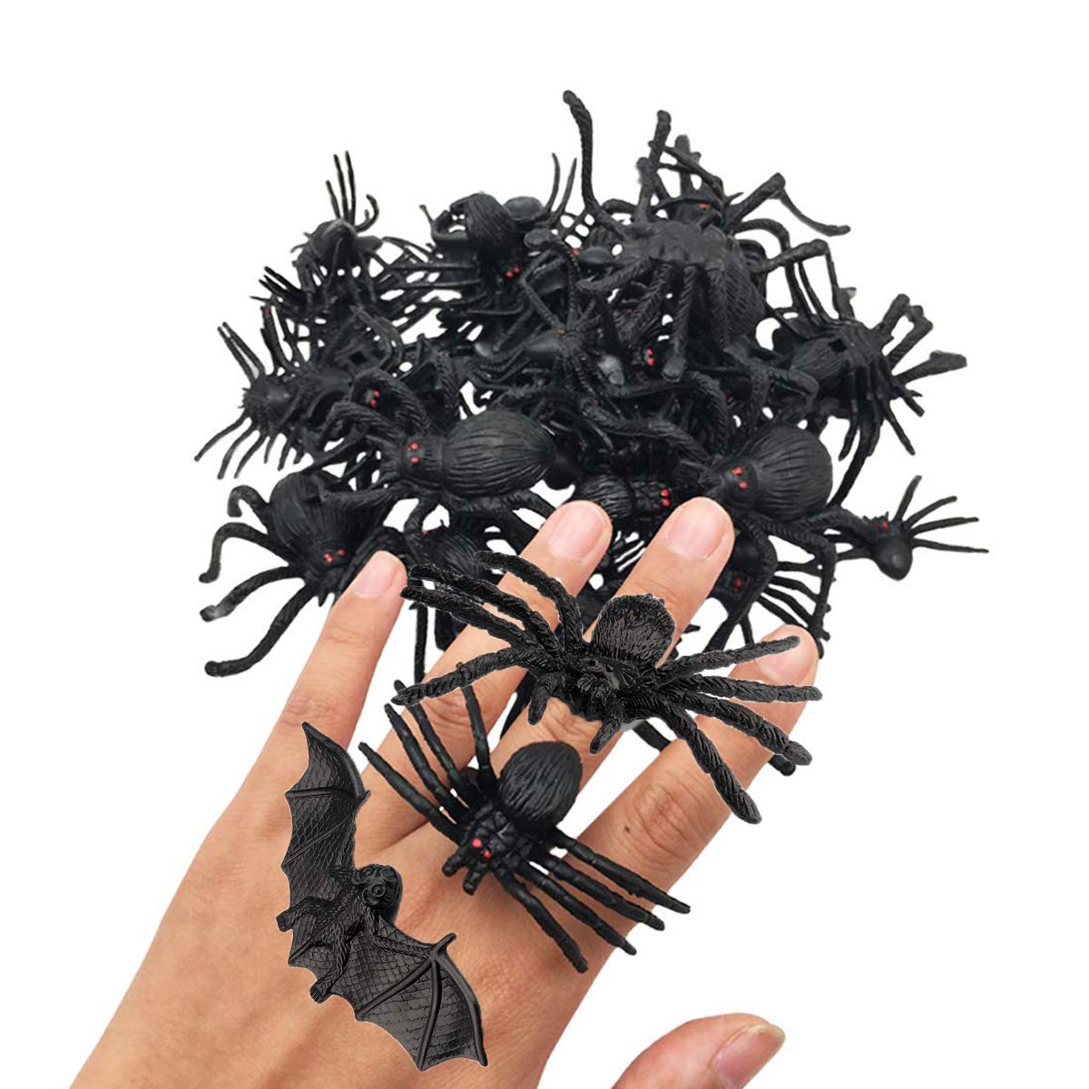 71 PCS Halloween Fake Spider Decorations Set, Halloween Prank Props, 70 pcs Fake Plastic Spiders in Different Sizes and 100 pcs of Glue Easy to Paste to Walls, Tables, Best for Halloween Decorations