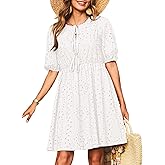 Dokotoo Summer Dresses for Women 2026 Tie Front V Neck Short Puff Sleeve Hollow Out Lace Wedding Guest Dress