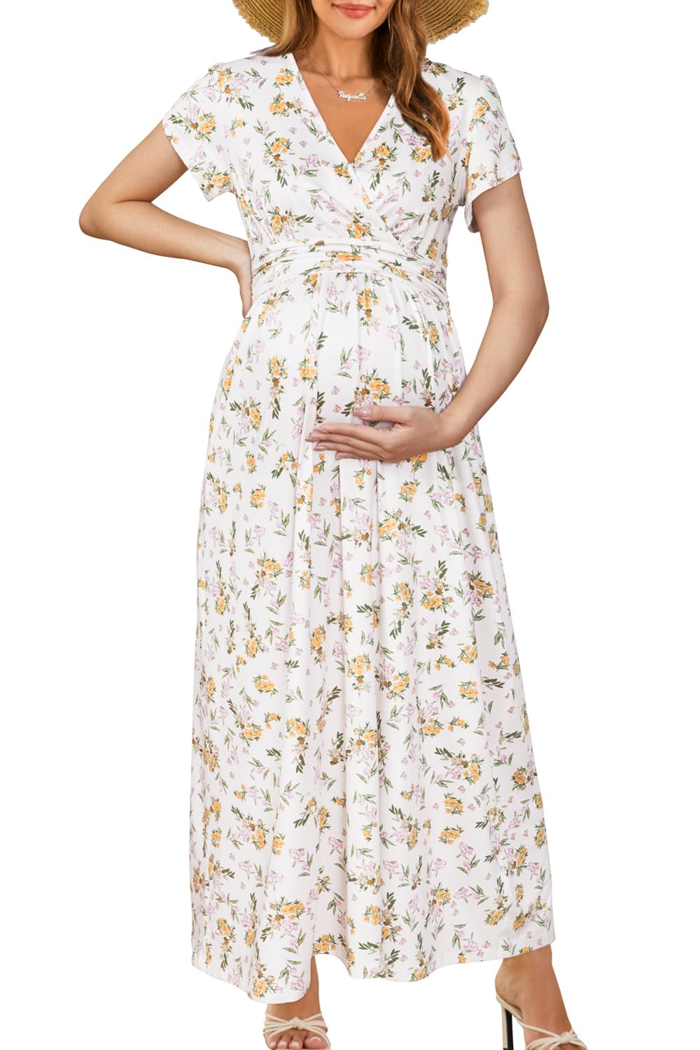 OUGES Maternity Maxi Dress Wrap Baby Shower Pregnancy Dresses for Photoshoot Maternity Outfits Summer Clothes 2026(Light Apricot Yellow Floral,M) Image
