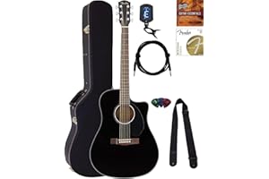 Fender CD-60SCE Solid Top Dreadnought Acoustic-Electric Guitar - Black Bundle with Hard Case, Instrument Cable, Tuner, Strap, Strings, Picks and Austin Bazaar Instructional DVD