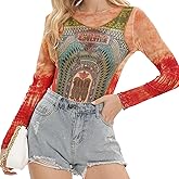 Kasopp Women Mesh Printed Crop Top Shirt Long-Sleeved Slim Cool T-Shirts Modern Punk Street Tops