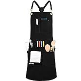 QeeLink Professional Grade Chef Apron for Kitchen, BBQ and Grill with 10 Tool Pockets - Water Resistant Canvas Apron with Quick Release Buckle, Adjustable M to XXXL for Men & Women, Black