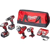 Milwaukee 2695-24 M18 18V Cordless Power Tool Combo Kit with Hammer Drill, Impact Driver, Reciprocating Saw, and Work Light (2 Batteries, Charger, and Tool Case Included)