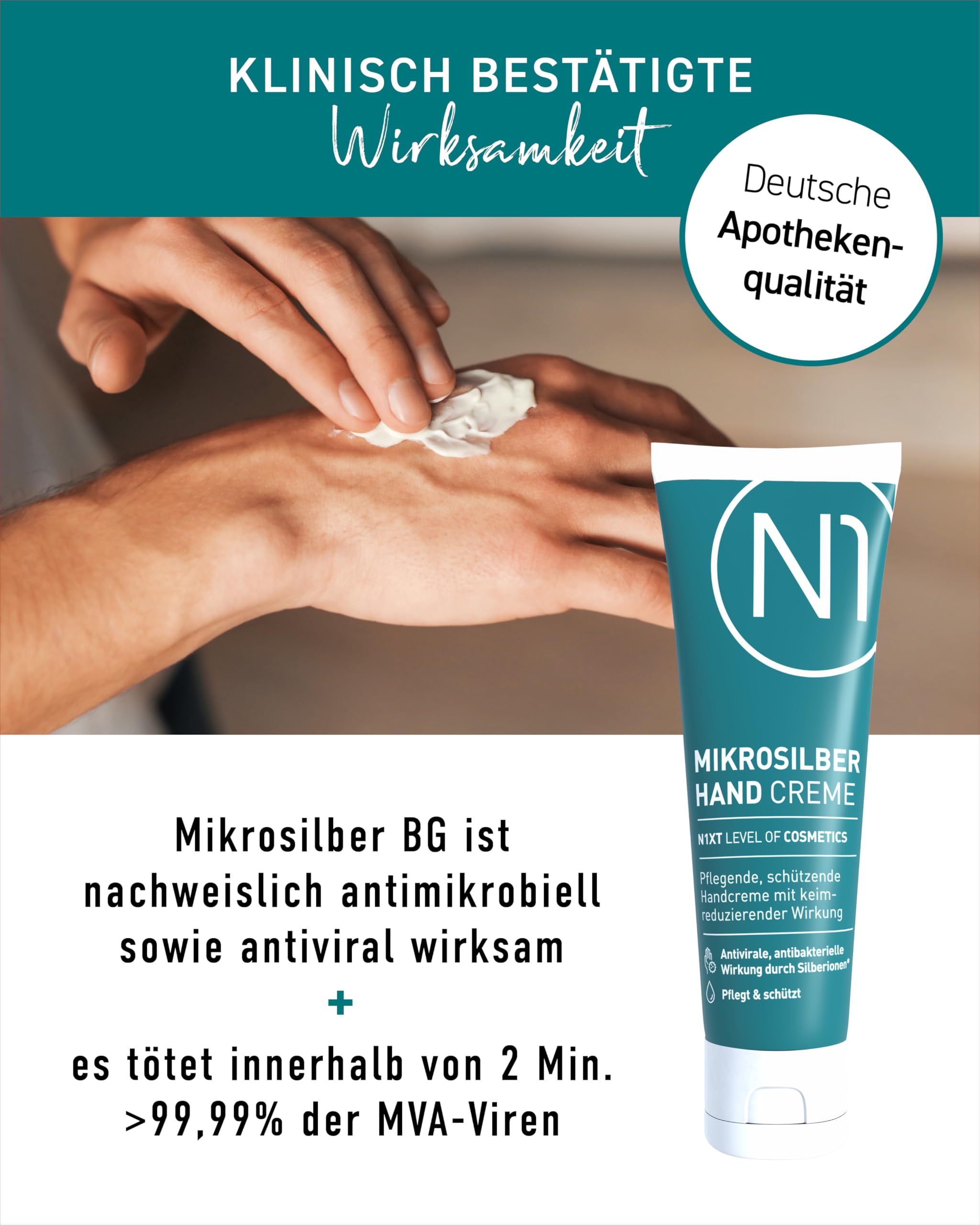 N1 Mikrosilber Handcreme für sehr trockene Hände 250ml [inkl. Desinfektion] - Handcreme rissige Hände + Desinfektionsmittel für Hände in einem Produkt 5