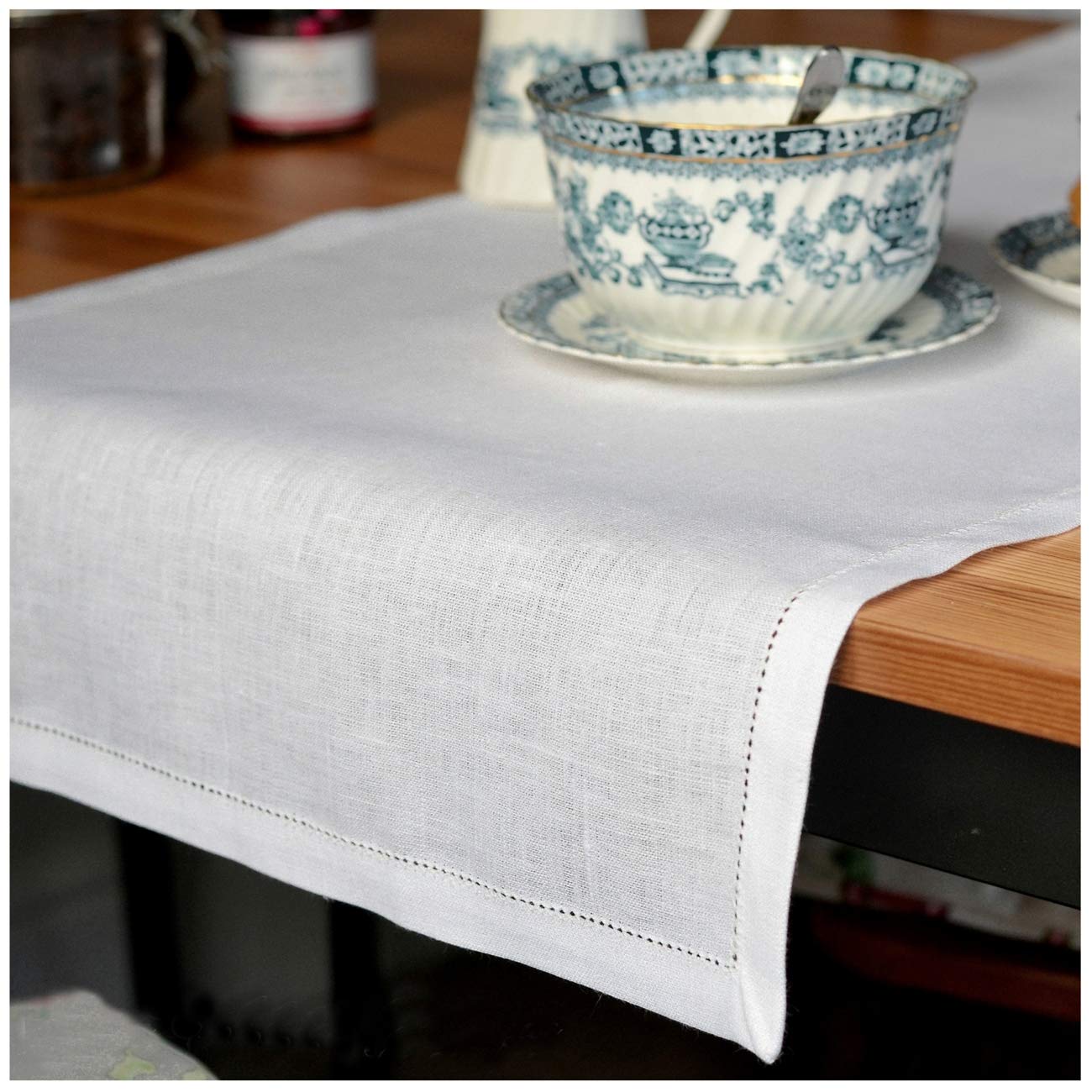 Linen & Cotton Hemstitched Table Runner FLORENCE, 100% Linen - 43cm x 130cm (17.2''x 52''), White