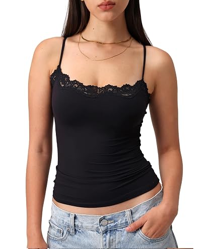 Women's Lace Trim Camisole with Built in Bra Sleeveless Spaghetti