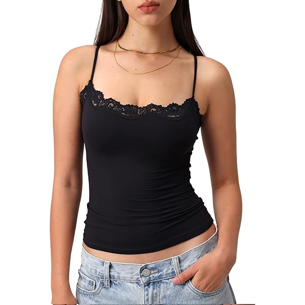 Women's Sexy Square Neck Lace Trim Cami Tank Tops Fitted