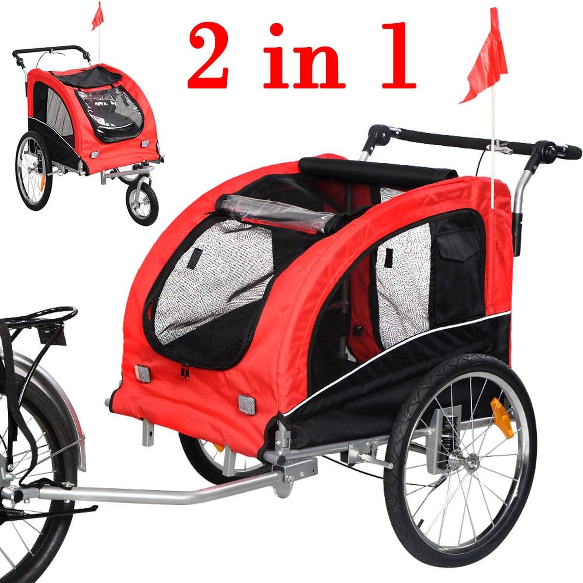 New Baby Bike Trailer and Jogger Stroller 2 in 1 with Suspension, Lightweight, Rain Cover, for Two Child Kids, Compact Storage after Workout, Easy Connect, Orange Flag for Children Safety, Red & Black