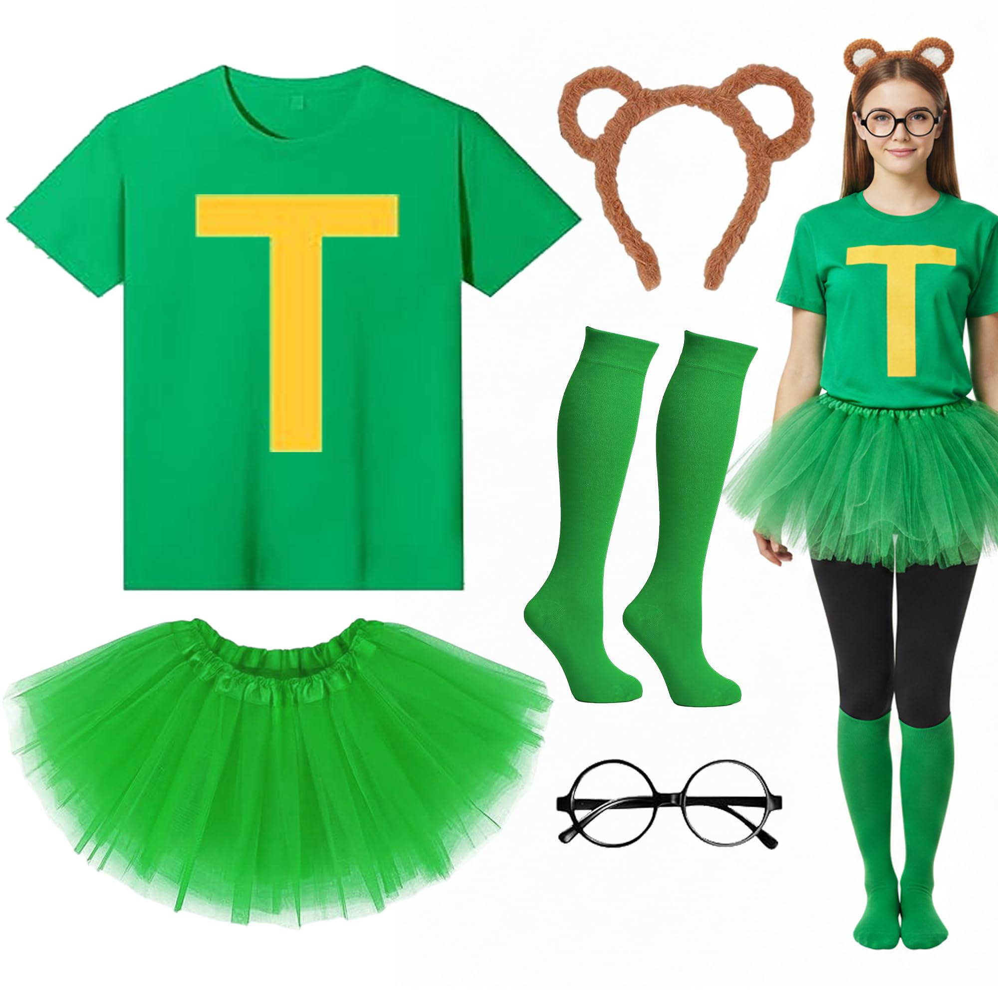 Soireeparty 5Pcs Chipmunks Costume Fancy Dress - Green Letter T Shirt Tutu Skirt Knee High Socks Round Glasses and Animal Ear Headband, Animal Cosplay for Adults Teens World Book Day Dress Up(XXL)