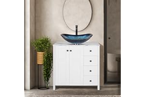 Puluomis 32 Inches Traditional Bathroom Vanity Set in White Finish, Single Bathroom Vanity with Marble Texture Top and 4 Drawers, Boat Blue Glass Sink Top with Single Faucet Hole
