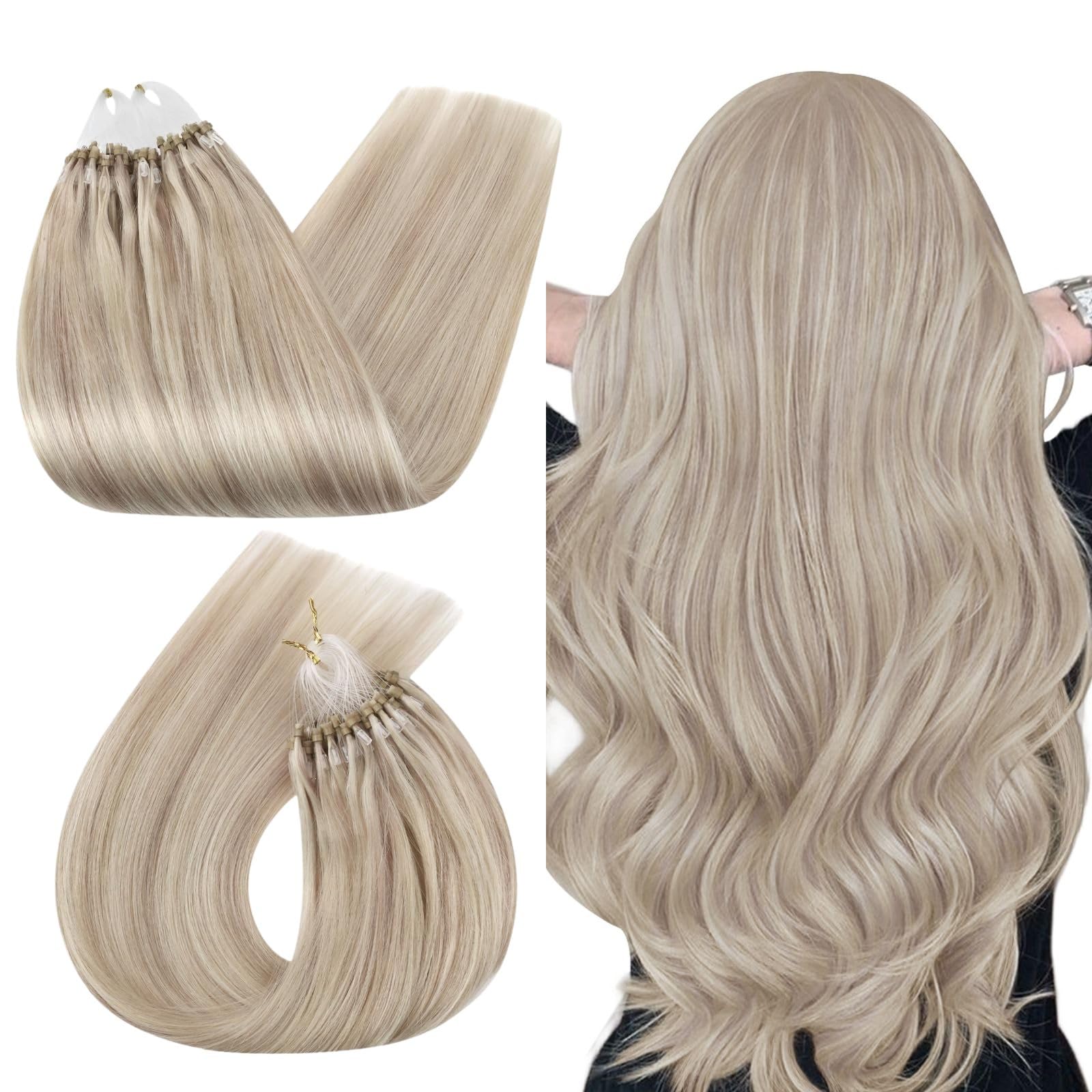 Ugeat Blonde Micro Ring Hair Extensions Ash Blonde Highlight Micro Loop Hair Extensions Real Human Hair 14 Inch Highlights Bleach Blonde 50G/50S #18/613