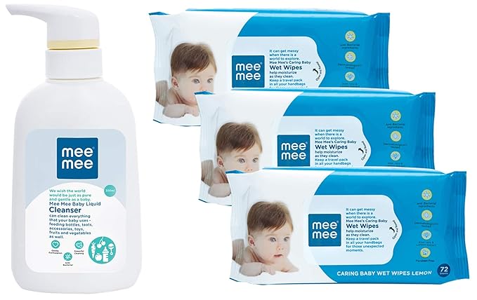Mee Mee Anti-Bacterial Baby Liquid Cleanser (300ml) & Caring Baby Wet Wipes with Lemon Fragrance (72 pcs/Pack) (Pack of 3) Combo