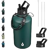 BJPKPK 2/3 Gallon Water Bottle with Straw Lid, 87oz Large, Stainless Steel Water Bottles with 3 Lids and Paracord Strap, Double Wall Vacuum Metal Water Jug, Army Green