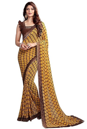 Women's Georgette Saree with Blouse Piece (Yellow)