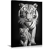 Large Canvas Wall Art Tiger Decor Black and White Picture Tiger and Cub Painting Wild Animal Poster Modern Artwork for Kids Room Office Bedroom Home Decor Framed(Artwork-2,24.00"x36.00")
