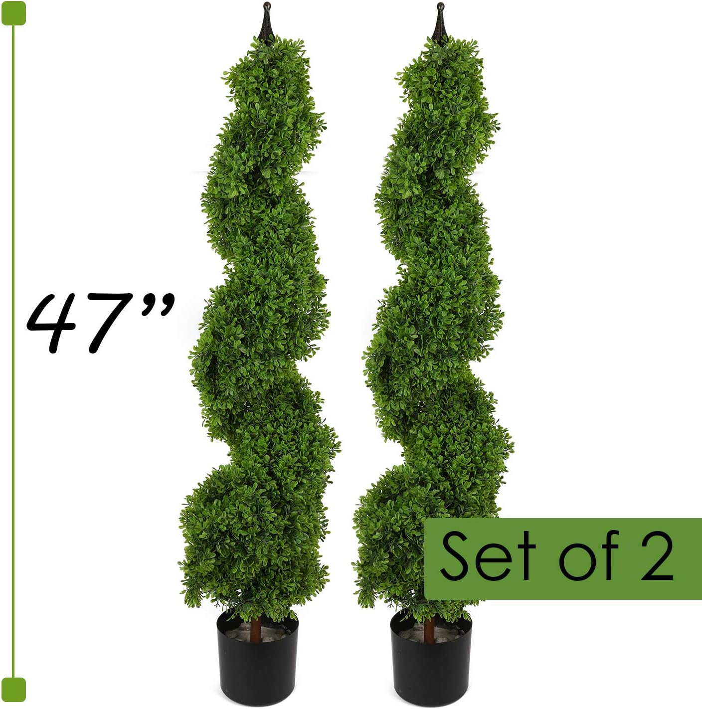 Houseables Artificial Boxwood Topiary, Fake Spiral Trees, 2 Pack, 4’, Plastic Plants, Outdoor Porch Décor, Faux Potted Bushes, Indoor Ornamental Tree, with Finial, for Front Door, Tall Entryway Shrubs -