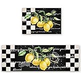 Kitchen Rugs Set of 2,Summer Tropical Lemon Kitchen Mats Rugs Non Skid Washable Anti Fatiguee,Buffalo Plaid Black White Doorm