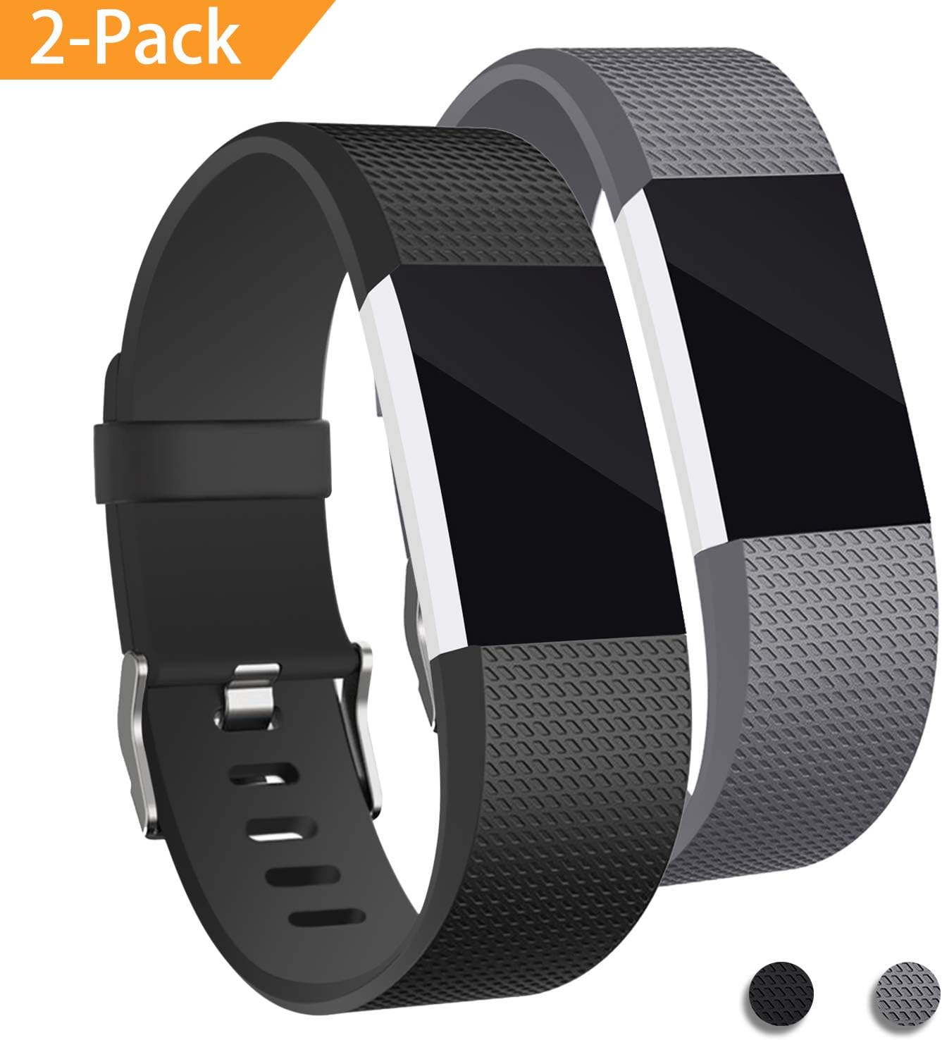 MornexStrap Compatible with Fitbit Charge 2, Classic Adjustable Wristband Replacement, TPU Band Sport Straps with Metal Clasp, 2 Pack, Small, Black Grey
