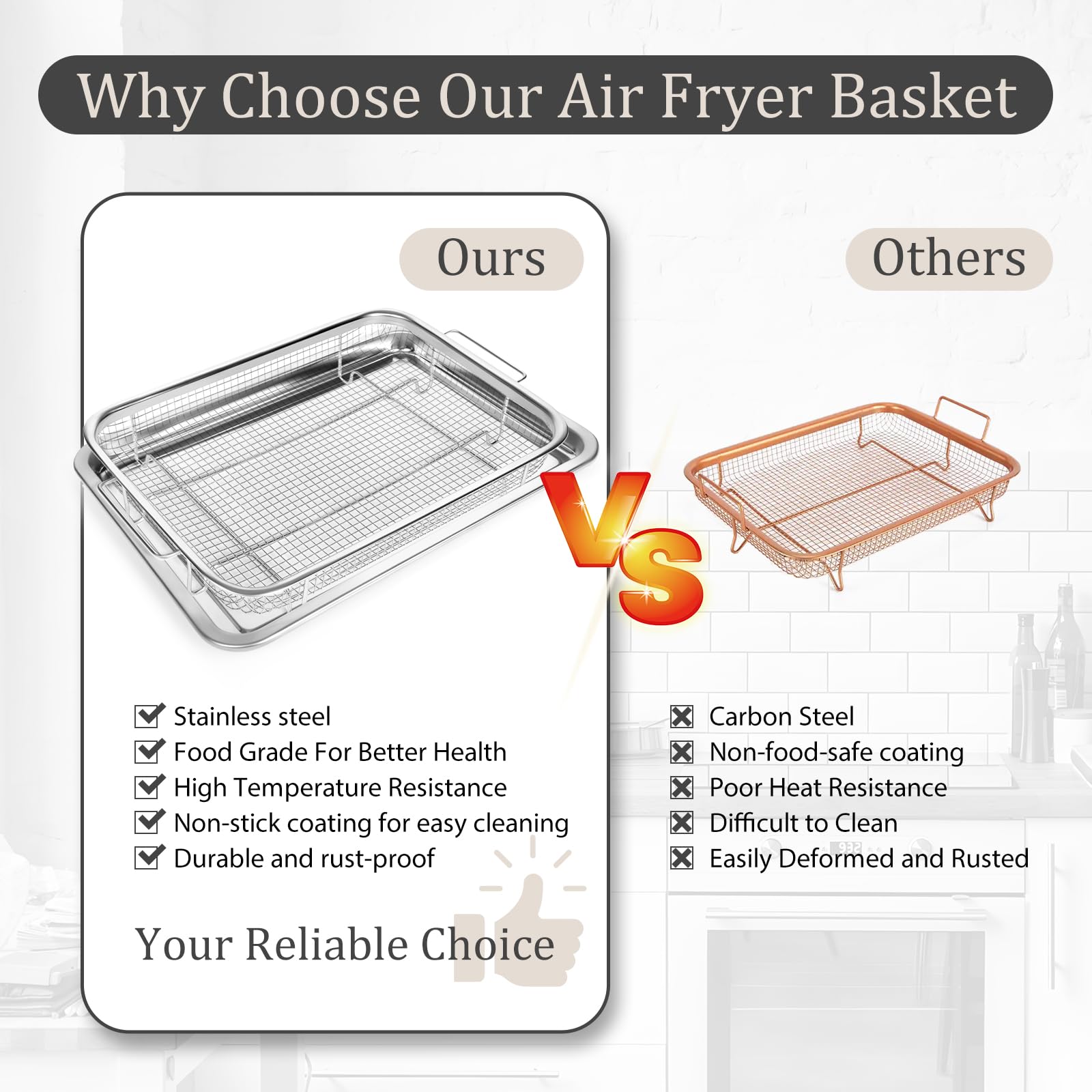Baccooli Air Fryer Basket for Oven, Stainless Steel Oven Air Fryer Basket and Tray Set, 2 Pack Air Fryer Pan Rack with 100 Pcs Parchment Papers - 15