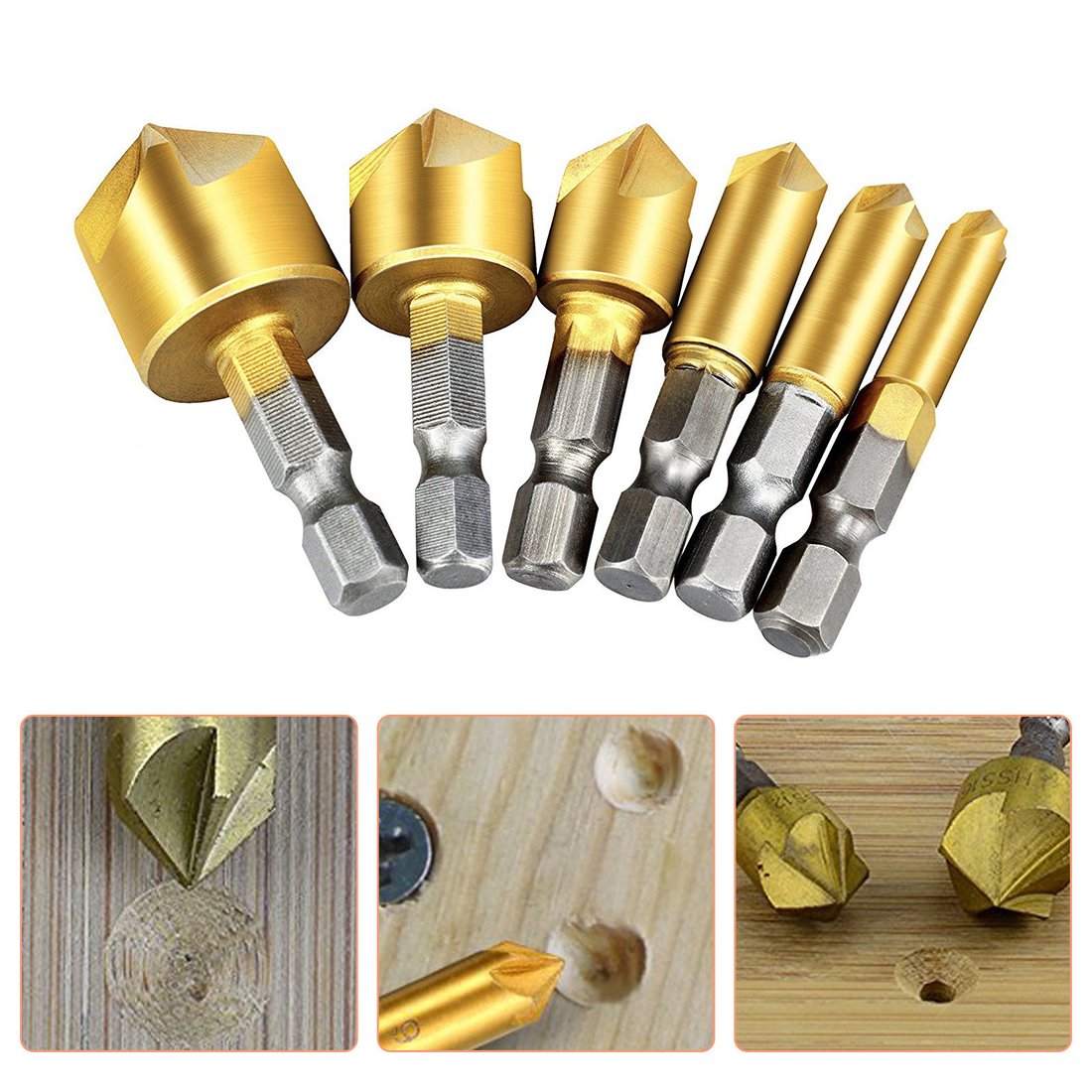 Countersink Drill Bit- 6PCS 90 Degree HSS 1/4\'\' Hex Shank 5 Flute Countersink Drill Bit Set for Wood Quick Change Bit 6mm-19mm