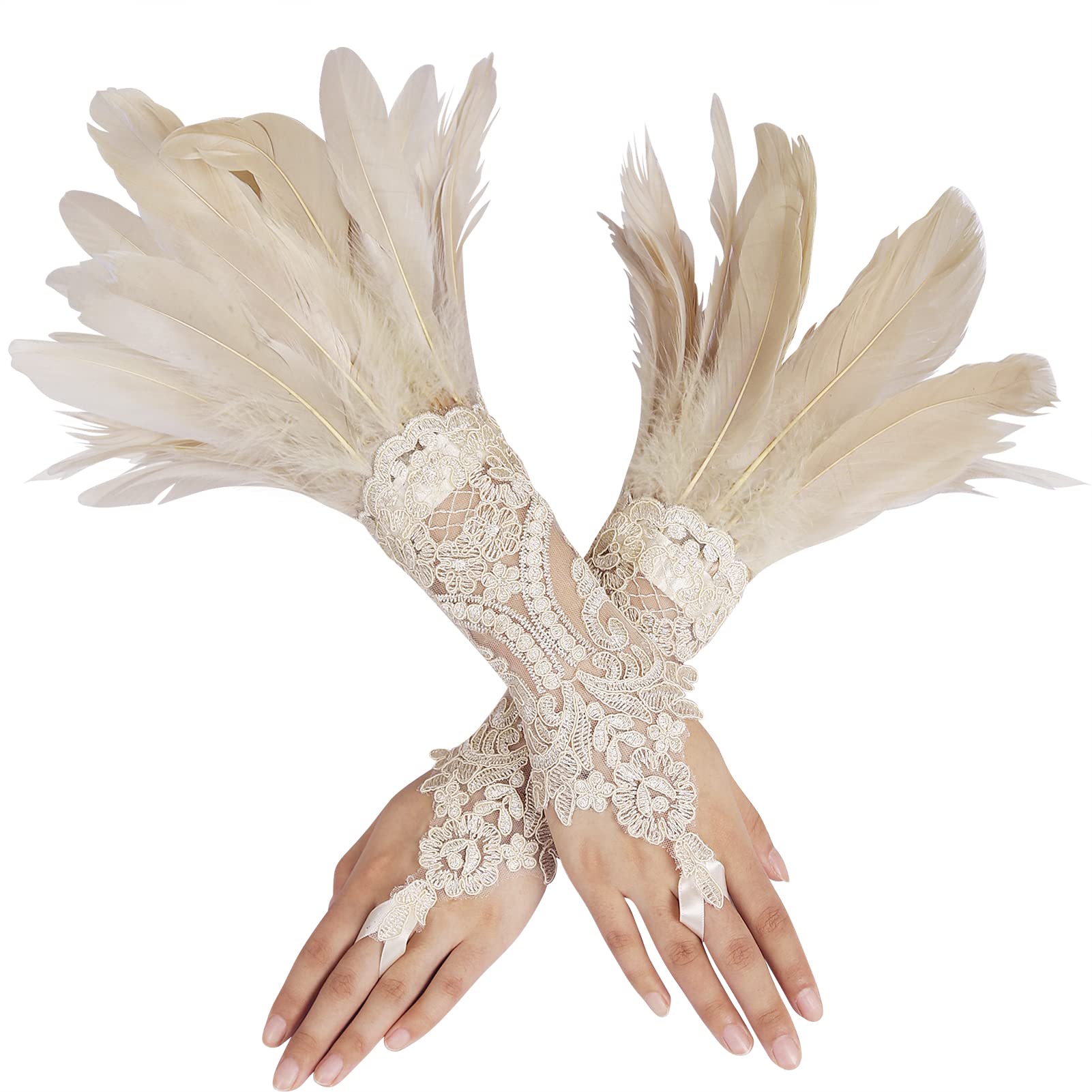 Women's Khaki Feather Lace Long Gloves Witch Spider