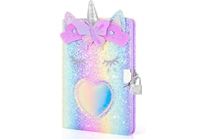 homicozy Unicorn Diary with Lock,Gift for 6 7 8 Year Old Girl,Glitter Seceret Journal for Kids with 160 Pages,Shiny Notebook for Writing and Drawing,Cute Stationery Back to School Gift