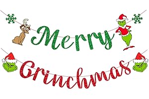 ARSEMICA Grinch Christmas Decorations, Merry Grinchmas Party Banner, Funny Grinch Christmas Party Decor Supplies, Grinch Sign for Fireplace Mantle Wall Decor, Novelty Xmas Birthday Party Photo Booth Backdrop
